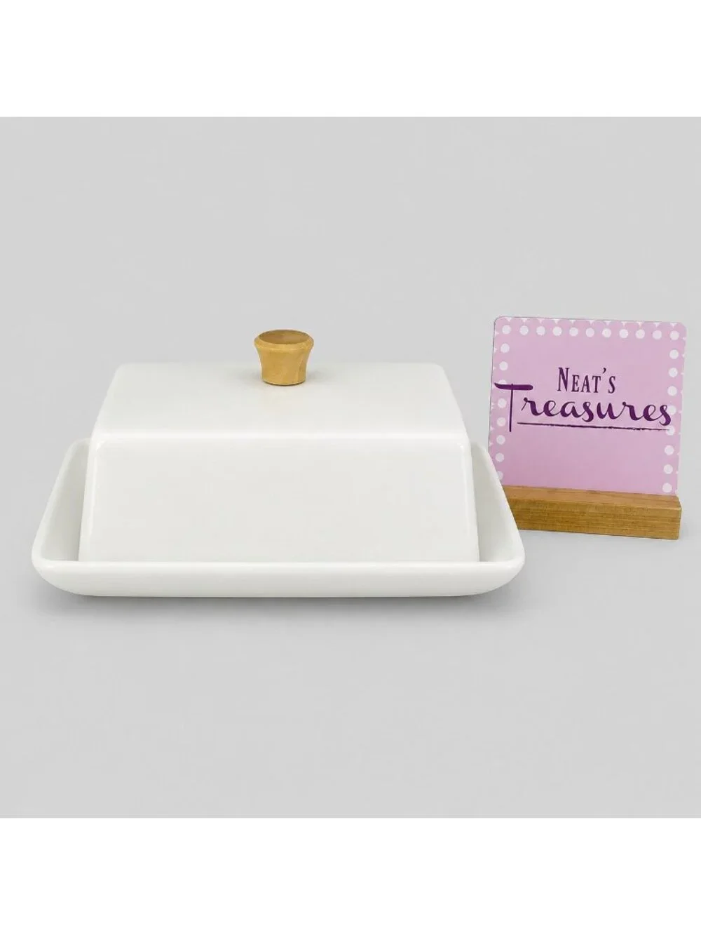 Dowan White Bone China Farmhouse Wooden Handle 2 Stick Lidded Butter Cheese Dish